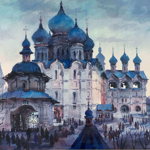 painting of blue domes in a city 