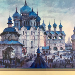 Anatole Krasnyansky Collotype 'Rostov Kremlin Blue Domes' Lithograph Vintage 