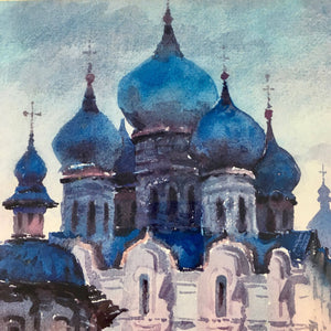 Anatole Krasnyansky Collotype 'Rostov Kremlin Blue Domes' Lithograph Vintage 