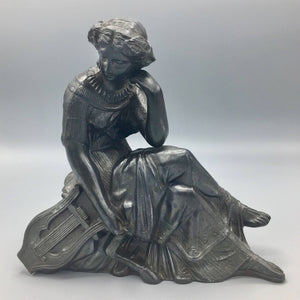 Cast Metal Art Nouveau Figurine of Muse with Harp Figurine Antique 