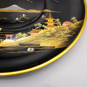 Japanese Hand-Painted Black Lacquerware Plate Plate Vintage 