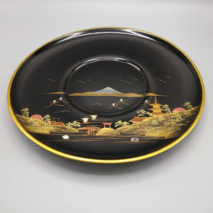 Japanese Hand-Painted Black Lacquerware Plate Plate Vintage 