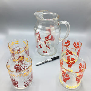 Mid Century Set of Pitcher and 4 Glasses Spanish Style Barware Vintage 
