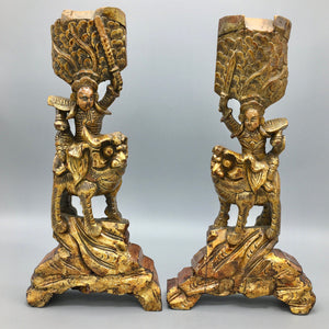 Pair of Antique Chinese Buddhist Temple Guardians Carved Wood Statue Antique 