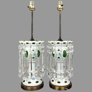 Pair of Large Bohemian Lamps Cut to Green Glass and Crystal Prisms Lamp Vintage 
