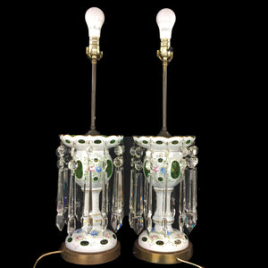Pair of Large Bohemian Lamps Cut to Green Glass and Crystal Prisms Lamp Vintage 