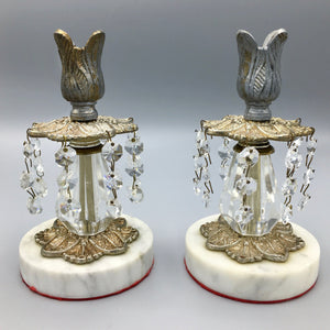 Pair of Vintage Candleholders Cast Metal and Crystal on Marble Base Candlestick Vintage 