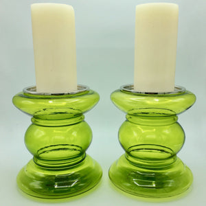 Pair of Vintage Green Glass Candleholders Candlestick Vintage 