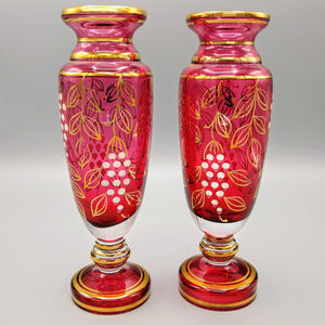 Pair of Vintage Hand Painted Bohemian Cranberry Glass Vases Vase Vintage 