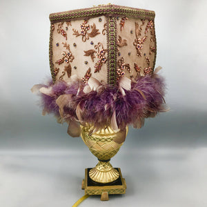 Vintage Boudoir Lamp with Purple Feathers Beaded Embroidery Lamp Vintage 