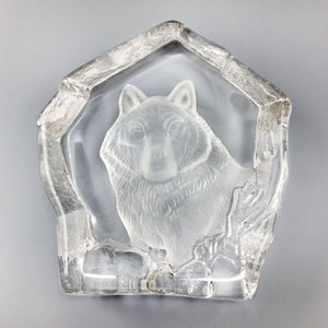 Vintage Etched Crystal Paperweight with Wolf Paperweight Vintage 