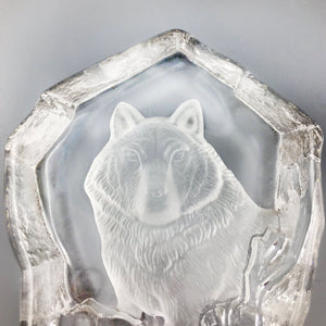 Vintage Etched Crystal Paperweight with Wolf Paperweight Vintage 