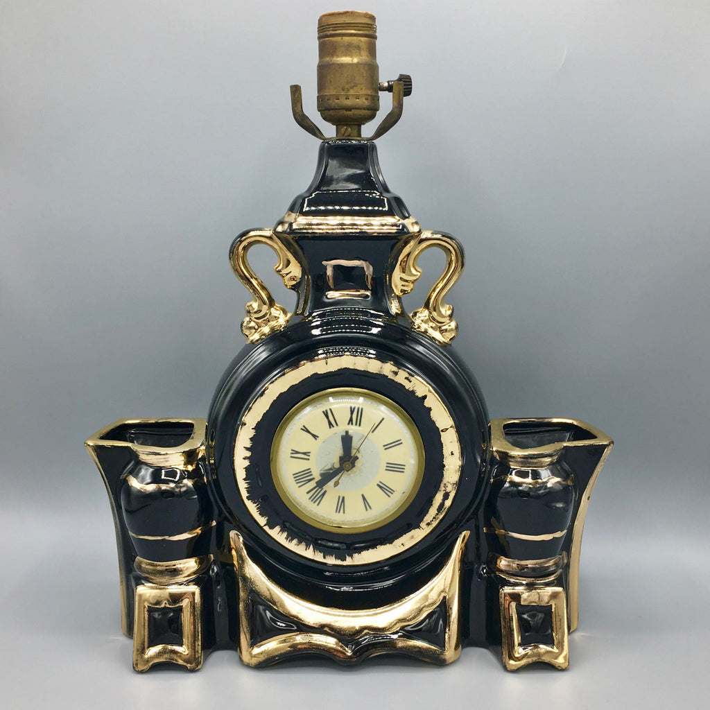 Vintage Lanshire Black Ceramic Gold Plated Lamp with Clock 1950s