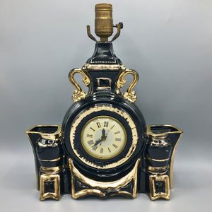 Vintage Lanshire Black Ceramic Gold Plated Lamp with Clock 1950s Lamp Vintage 