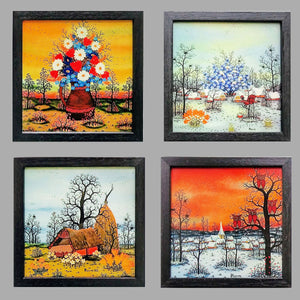 Collection of 4 Original Paintings on Glass by Manfred Horn 1982 Painting Vintage 