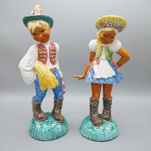 Italian Majolica Girl and Boy Glazed Ceramic Figurines Figurine Vintage 