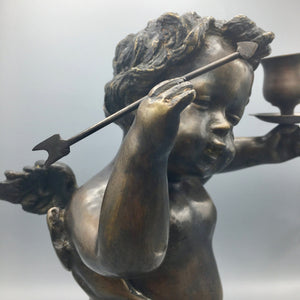 Large Antique Bronze Cherub with Arrow and Candleholder Statue Antique 
