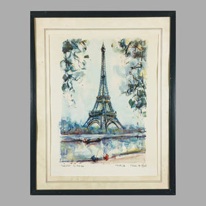 Mid Century Aquatint Print of Eiffel Tower after Marius Girard Print Vintage 