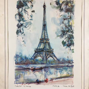 Mid Century Aquatint Print of Eiffel Tower after Marius Girard Print Vintage 