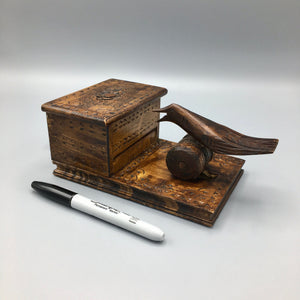 Mid Century Carved Wood Cigarette Box and Mechanic Bird Dispenser Cigarette box Vintage 