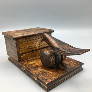 Mid Century Carved Wood Cigarette Box and Mechanic Bird Dispenser Cigarette box Vintage 