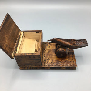 Mid Century Carved Wood Cigarette Box and Mechanic Bird Dispenser Cigarette box Vintage 