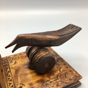 Mid Century Carved Wood Cigarette Box and Mechanic Bird Dispenser Cigarette box Vintage 