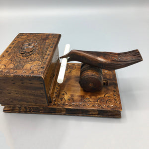 Mid Century Carved Wood Cigarette Box and Mechanic Bird Dispenser Cigarette box Vintage 