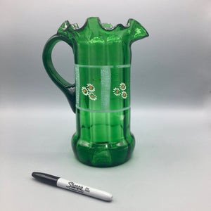 Mid Century Hand Blown Green Glass Pitcher Jug Vintage 
