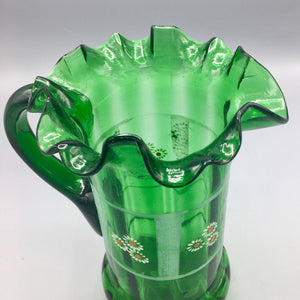 Mid Century Hand Blown Green Glass Pitcher Jug Vintage 