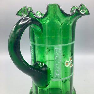 Mid Century Hand Blown Green Glass Pitcher Jug Vintage 