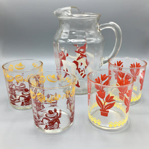 Mid Century Set of Pitcher and 4 Glasses Spanish Style Barware Vintage 