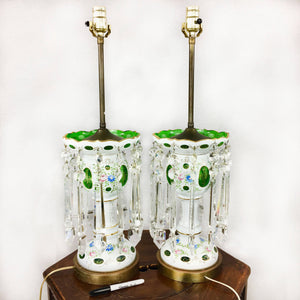 Pair of Large Bohemian Lamps Cut to Green Glass and Crystal Prisms Lamp Vintage 