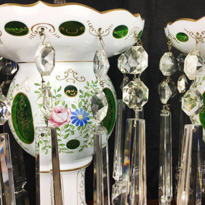 Pair of Large Bohemian Lamps Cut to Green Glass and Crystal Prisms Lamp Vintage 