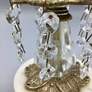 Pair of Vintage Candleholders Cast Metal and Crystal on Marble Base Candlestick Vintage 