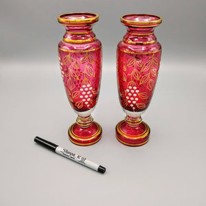 Pair of Vintage Hand Painted Bohemian Cranberry Glass Vases Vase Vintage 