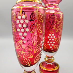 Pair of Vintage Hand Painted Bohemian Cranberry Glass Vases Vase Vintage 