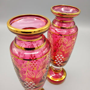 Pair of Vintage Hand Painted Bohemian Cranberry Glass Vases Vase Vintage 