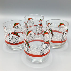 Set of 4 Old Fashioned Glasses with Christmas Teddy Bears Glasses Vintage 