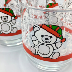Set of 4 Old Fashioned Glasses with Christmas Teddy Bears Glasses Vintage 