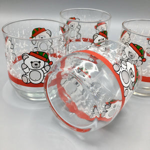 Set of 4 Old Fashioned Glasses with Christmas Teddy Bears Glasses Vintage 