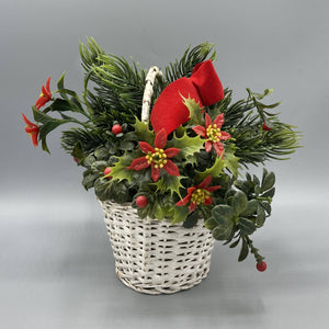 Vintage Holiday Ikebana Basket of Green and Red Florals Ikebana Handmade 