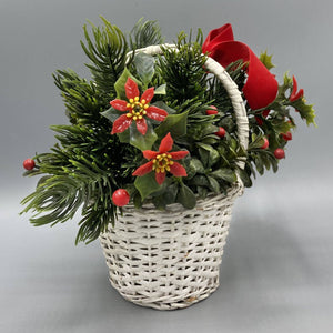 Vintage Holiday Ikebana Basket of Green and Red Florals Ikebana Handmade 