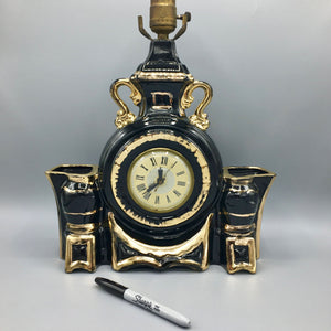 Vintage Lanshire Black Ceramic Gold Plated Lamp with Clock 1950s Lamp Vintage 