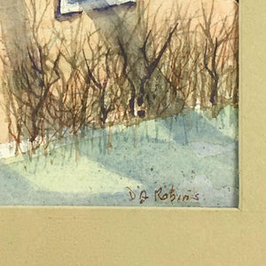 Watercolor Painting of Winter House by D. A. Robins Painting Vintage 